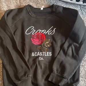 Crooks & Castles Black Crewneck with Red Rose Embroidery